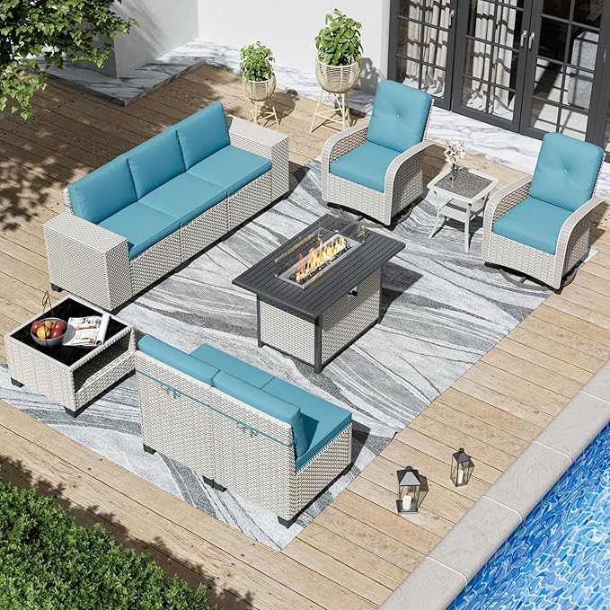10-Piece Outdoor Patio Furniture Set, Modular Sectional Sofa Set with Swivel Rocker Chairs & Fire Pit, Wicker Outdoor Couch Conversation Sets w/Coffee Table and Cushions, Turquoise