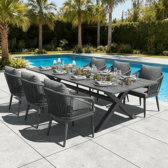 LayinSun 7 Pieces Outdoor Patio Dining Set, Aluminium Rectangular Dining Table and Wicker Rattan Chairs Set for Outside Backyard, Poolside
