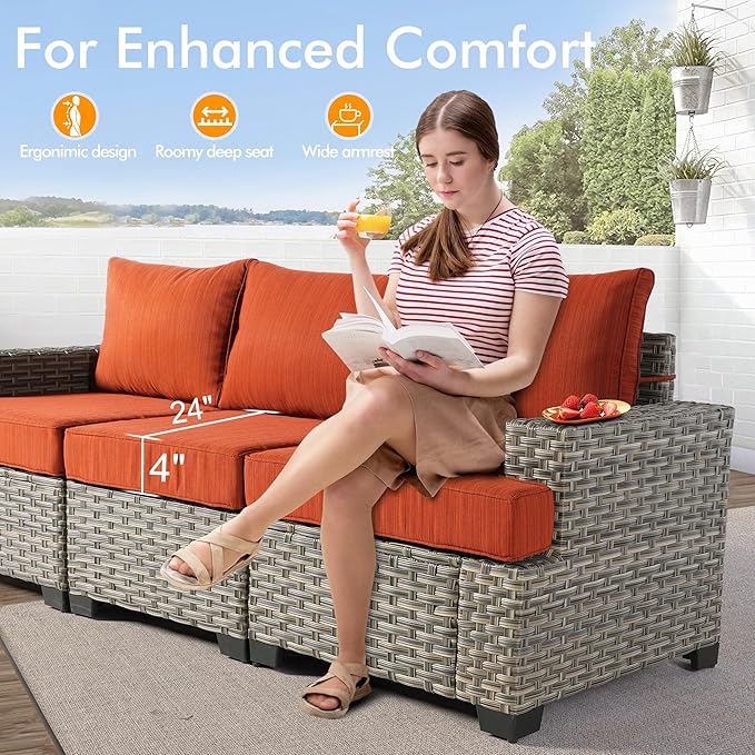 8 Pcs Outdoor Sectional Patio Furniture Set with Swivel Rocking Chair and Ottomans - All Weather Wicker Outside Sectional Couch,Patio Seating Outdoor Conversation Sets for Deck Yard Garden,Orange Red