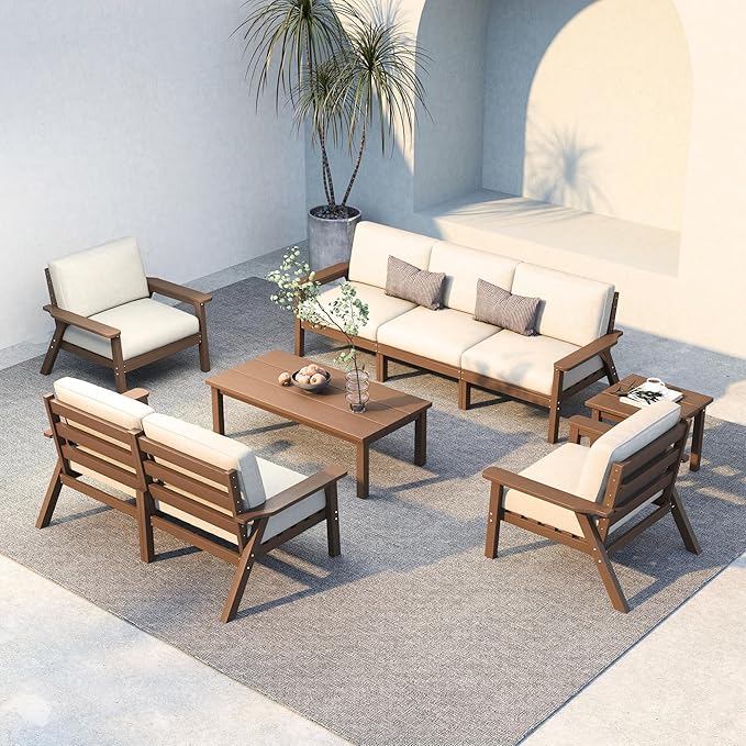 HDPE 7 Piece Patio Furniture Set, HDPE Outdoor Sectional with with Beige Thick Cushions, Coffee Table and Side Table, Patio Conversation Sets for Lawn, Garden, Porch (Brown Frame)