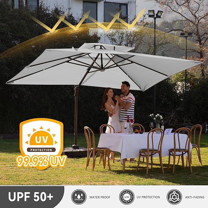 9 X 12 FT Cantilever Outdoor Patio Umbrella with LED Lights Large Heavy Duty 360° Rotation Double Top Offset Rectangular Umbrellas for Backyard Garden Pool Outside Deck, Fog Grey