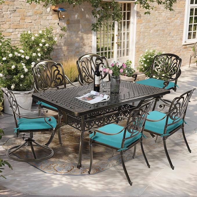 7-Piece Outdoor Patio Dining Set, 60” Rectangular Cast Aluminum Dining Table with Umbrella Hole and 4 Stationary, 2 Swivel Rocker Chairs, 6 Cushioned, Backyard, Patio, Garden, Blue