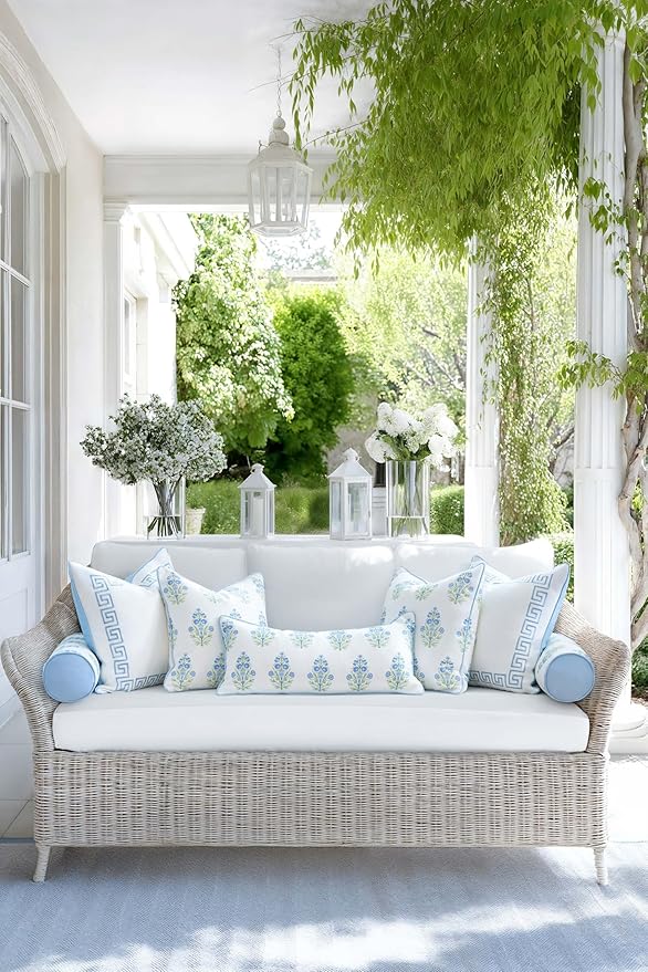 Hofdeco Premium Coastal Grandmillennial Patio Indoor Outdoor Bolster Pillow Cover Only, 6"x20" Water Repellent for Backyard, Couch, Poolside, Baby Blue Print Flower