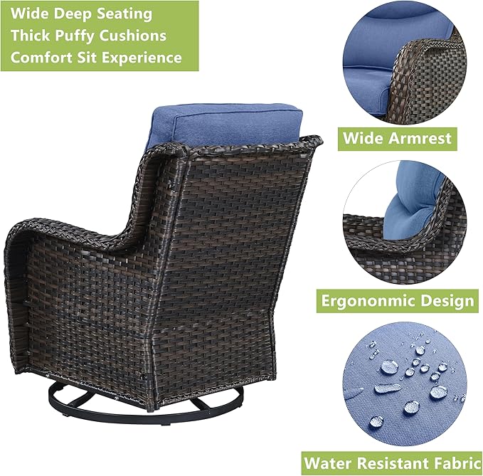 Rilyson Wicker Rocking Chair Swivel Chairs - 3 Piece Rocker Patio Furniture Set Rattan Rocking Bistro Sets with Glass Top Side Table for Outdoor Porch Deck Garden Backyard (Brown/Blue/Smile)