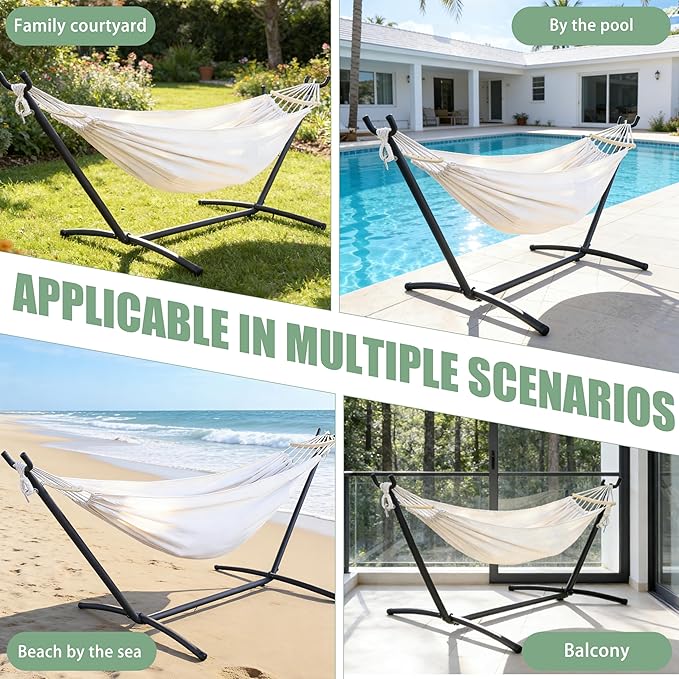 2 Person Hammock with Stand for Indoor & Outdoor, 550lbs Sturdy Steel Frame - Anti-Flip Curved Bars Safety - Comfortable Cotton Portable Hammock for Patio, Sunroom, Bedroom, Natural Beige