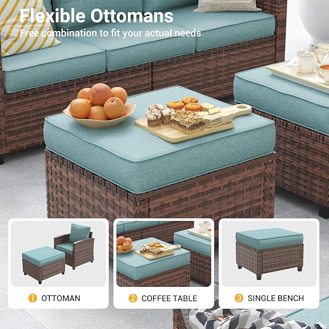 Patio Furniture Sets, 6 Pcs Patio Outdoor Sectional Furniture, Wicker Rattan Conversation Sofa with Swivel Chair, Ottomans, Side Table, 4" Thick Cushion, for Garden Backyard Deck,Light Blue