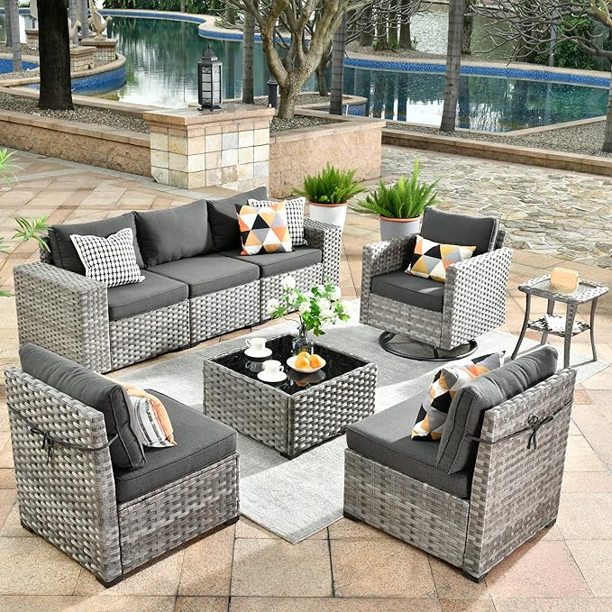 HOOOWOOO Outdoor Patio Sectional Furniture Sofa Set with Swivel Rocking Chair,8 Piece Modern Wicker Couch with Widened Armrest,Modular Conversation Seating Set for Out Door Garden(Black)