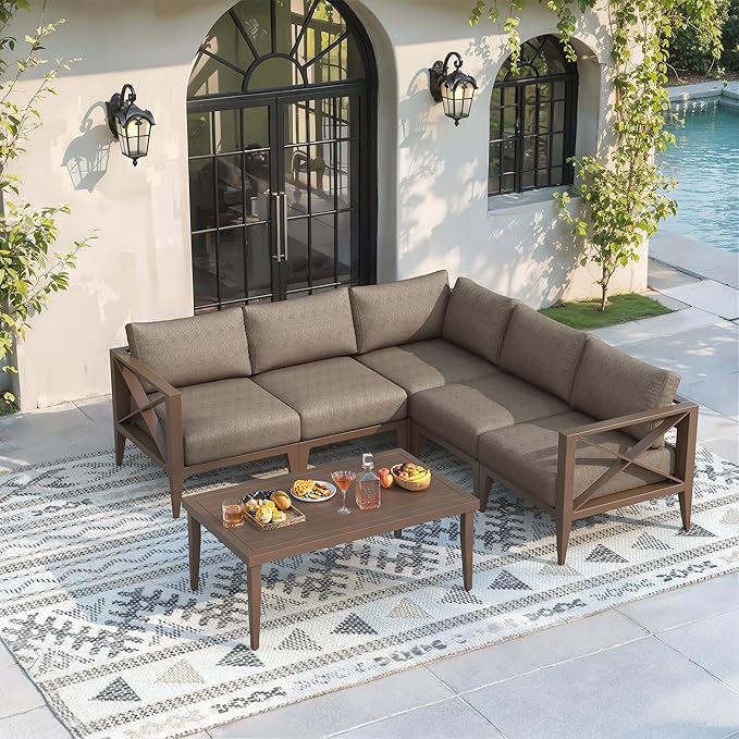 Aluminum Outdoor Patio Furniture Set,5-Seats Conner Patio Sectional Conversation Sofa with 5.2" All-Weather Cushions and Coffee Table,Rust-Resistant Frame Sofa for Deck, Porch, Garden (Brown)