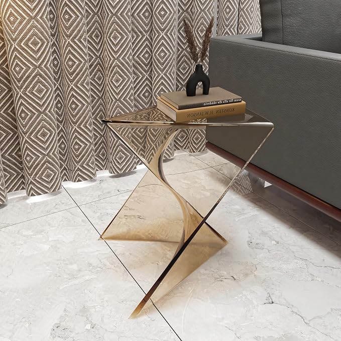 LeisureMod 15.75" Stackable Weather-Resistant Plastic Triangular Side Table - Transparent Amber Accent End Table for Indoor & Outdoor Use