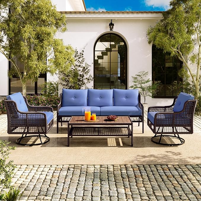 4-Piece Outdoor Wicker Sectional Sofa Set, All Weather Patio Conversation Set with 3-seater Sofa, 2 Swivel Chairs and Coffee Table, Cushions, Suitable for Poolside Backyard Deck (Blue-Swivel)