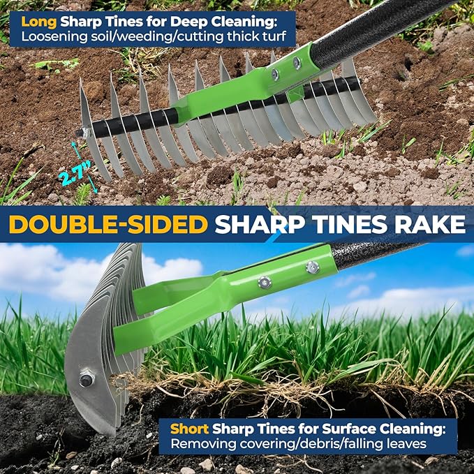 65" Thatch Rake & Garden Rake– 13" Narrow Dual-Sided Sharp Steel Tines, Adjustable Handle, Lightweight & Reversible Head for Precision Lawn Care, Debris Removal and Soil Leveling