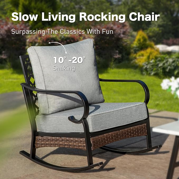 SUNSHINE VALLEY 6 Piece Black Metal Outdoor Patio Furniture Sets with Firepit Table, Patio Conversation Sets 1 3-Seater Sofa, 2 Leg Sofa and 2 Rocking Chair with 5.75" Cushion for Backyard Deck, Gray