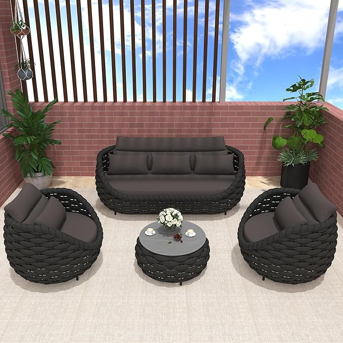 TWT 6-Piece Aluminum Patio Furniture Set, Modern Outdoor Conversation Set Sectional Sofa with Water Repellent Thick Cushions and Coffee Table for Balcony, Garden