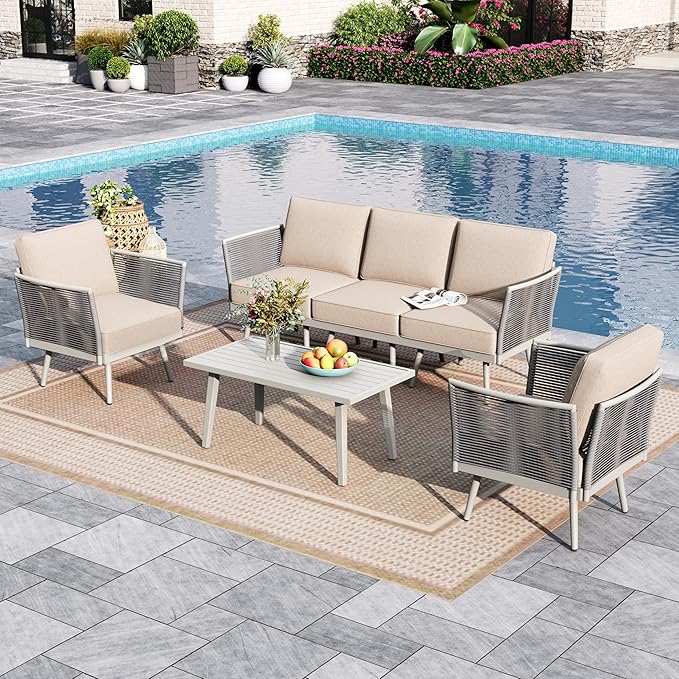 Sophia & William 6-Piece Patio Furniture Set, Outdoor Sectional Furniture with Classic Rope PE Rattan and Coffee Table, All-Weather Conversation Set with Anti-Rust Frame and Olefin Cushions