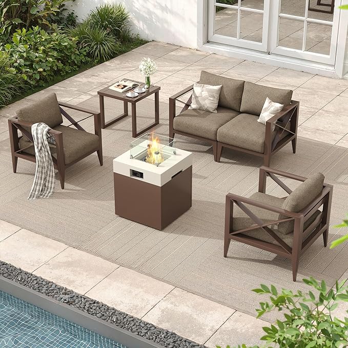 MBY Aluminum Patio Furniture Set, 6-Piece Oversized Outdoor Conversation Set with Fire Pit Table & Coffee Table, All Weather Modern Brown Sofa for Deck, Garden, Poolside