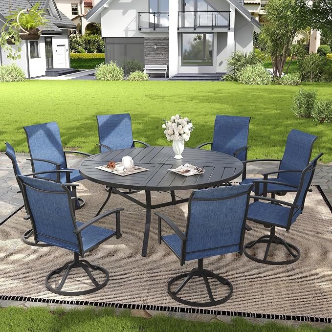 VICLLAX 9 Pieces Patio Outdoor Dining Set, 8 Swivel Textilene Chairs and 63" Round Metal Table with Umbrella Hole for Porch, Deck, Garden, Black/Dark Blue