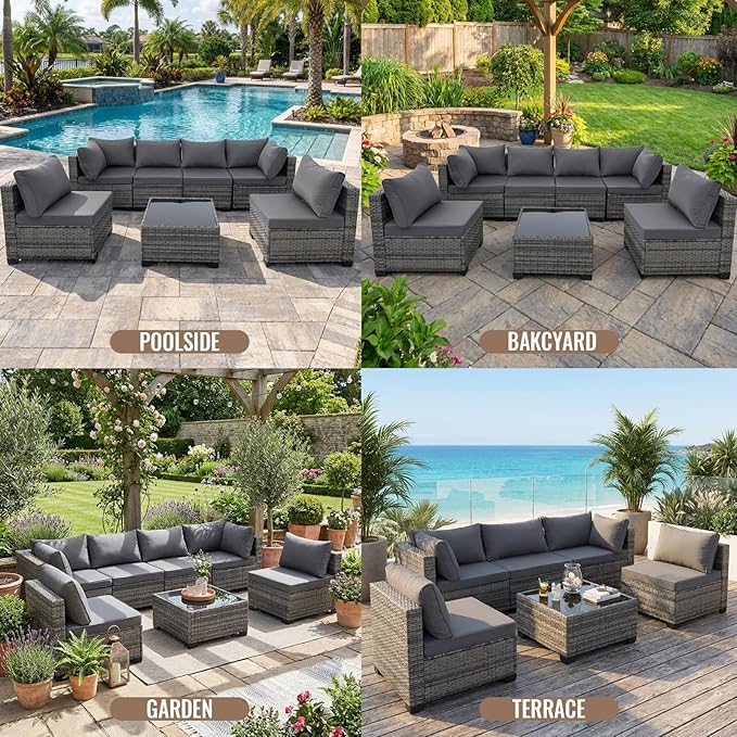 7 Pieces Outdoor Wicker Rattan Patio Furniture Sectional Set, Patio Conversation Set with Cushions & Coffee Table, All Weather PE Rattan Patio Sofa with Tea Table for Backyard Porch Garden (Grey)