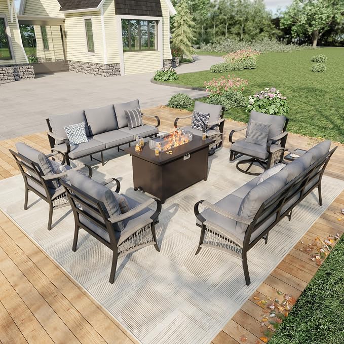 8 Pieces Patio Conversation Sets, All Weather Metal Outdoor Furniture Set 2 Three-Seater 2 Single Chairs 2 Swivel Rockers with Side Table and Fire Pit Table for Backyard Garden Deck Porch, Gray
