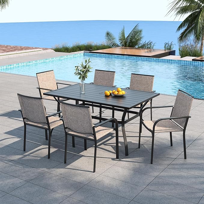 Anmutig 60"X38" Rectangular Outdoor Table with Beige Stackable Chairs Patio Dining Set, All Weather - 7 Piece
