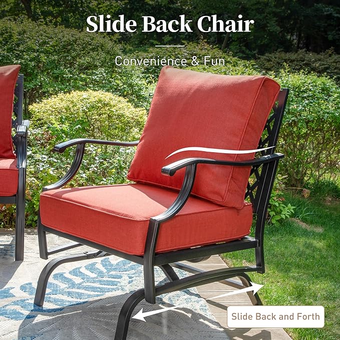 4 Piece Metal Outdoor Patio Furniture Set, Patio Conversation Set 1 3-Seater Sofa, 2 Rocking Chair with 5.75" Extra Thick Cushion and Coffee Table, Black Frame Backyard Furniture, Red