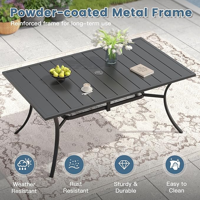 DIFY 7 Pieces Outdoor Patio Dining Set for 6, 59.2" Black Rectangle Metal Dining Table and 6 Brown Stackable Textilene Patio Chairs, Outdoor Table and Chairs for Backyard Garden Poolside