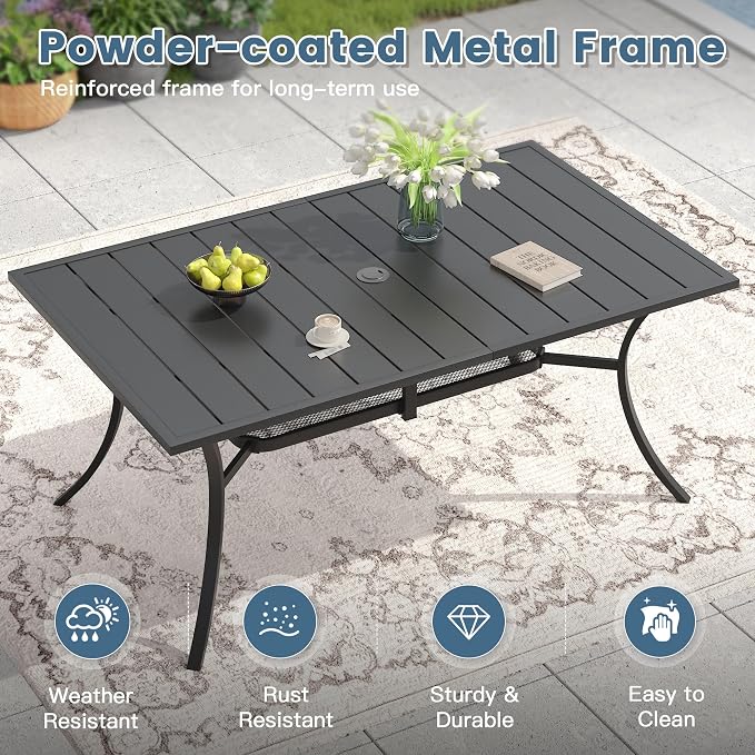 DIFY 7 Pieces Outdoor Dining Set, Metal Patio Table and Chairs Set for 6 with Umbrella Hole, 59.2" Black Rectangle Table and Dark Grey Textilene Swivel Patio Chairs for Garden, Backyard, Poolside