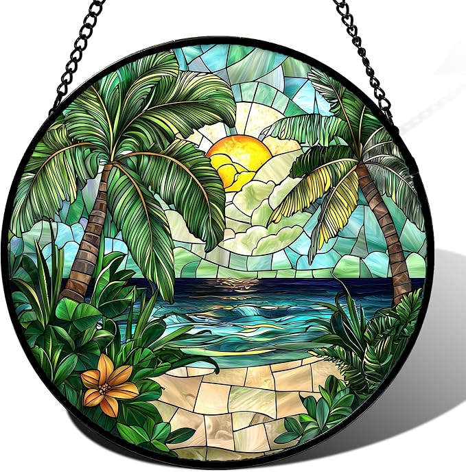 DASTOLL Stained Glass Window Hanging, Green Beach Scenery Suncatcher Diamond Glass Panel Hangings Sun Catchers Decor for Birthday for Women, Men, Wife, Aunt, and Mom 14.9x14.9 in