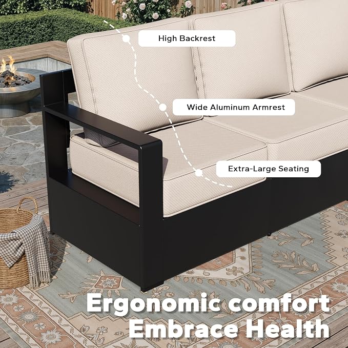 Aluminum Patio Sofa - 3-Seater Outdoor Couch with 6" Thick Removable Cushions, All-Weather Metal Frame, Deep Setting for Garden, Poolside and Porch