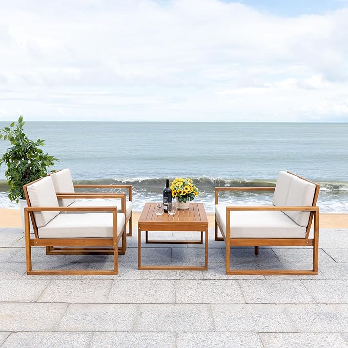 SAFAVIEH Outdoor Collection Emiko Natural/Light Grey Cushion Solid Wood 4-Piece Conversation Patio Set