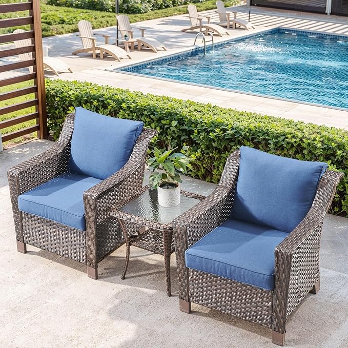 3 Pieces Patio Furniture Set-Wicker Patio Chairs Set of 2 with Tempered Glass End Table Outdoor Patio Chairs for Deck Balcony Poolside Backyard-Brown/Blue