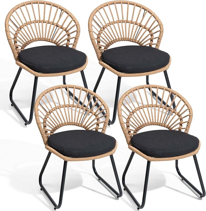 Rattan Patio Dining Chairs Set of 4, Hand-Woven Wicker Outdoor Chair | Shell Shaped Back with 2.6” Black Cushion, Sled Metal Frame Patio Side Chairs for Garden Backyard Porch