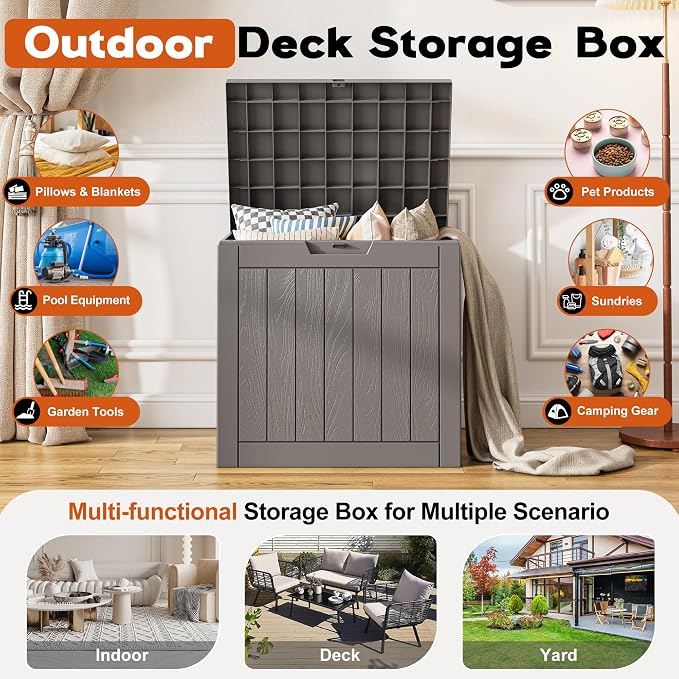 Outdoor Storage Box, Resin Deck Boxes Indoor and outdoor, Waterproof Storage Box Lockable Lid (Grey,31 Gallon)