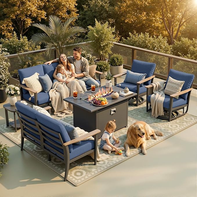 7-Seat Outdoor Patio Furniture Set with Rocking Swivel Chair, Aluminum Sectional Sofa Patio Conversation Set with 55,000 BTU Fire Pit Table & High Backrest & Thickened Cushions, Navy Blue