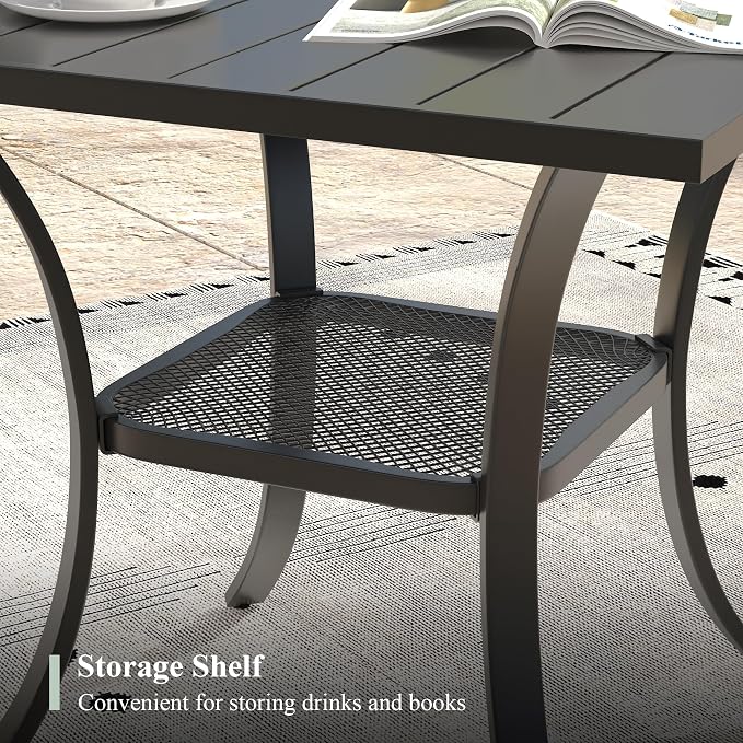 Outdoor Dining Table with Storage Shelf, 27.5" All-Weather Square Patio Dining Table for 2, Metal Patio Table for Garden Lawn Porch Deck Yard, Black