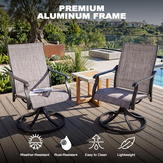 NUU GARDEN Outdoor Dining Set of 6, Aluminum Swivel Chairs, Grayish Brown | Rust-resistant patio set with aluminum tabletop. 6 quick-dry textilene swivel dining chairs with armrests