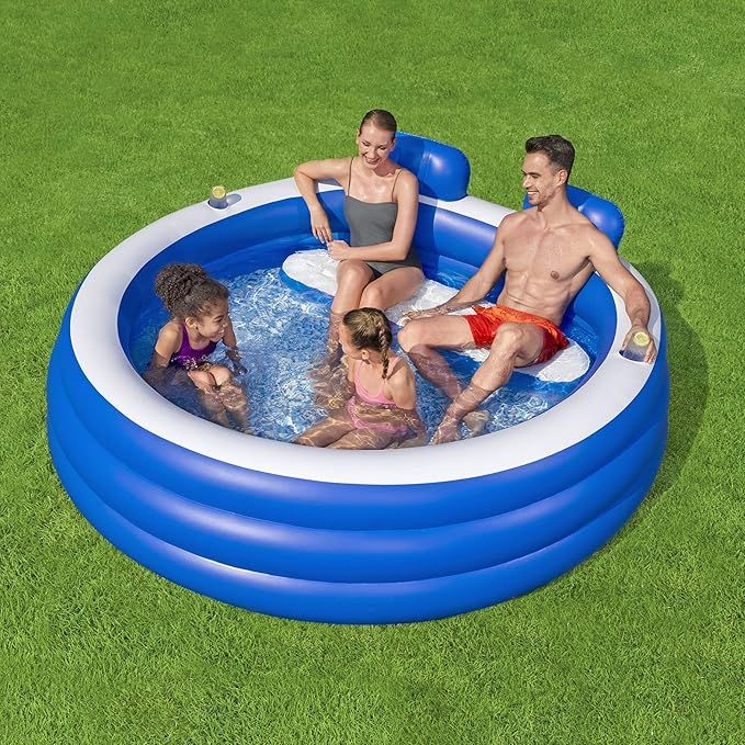 H2OGO! Inflatable Family Pool, Splash Paradise 7'7" x 7'2" x 31" Outdoor Inflatable Swimming Pool for Kids and Adults - Bench Seat, Headrests, & Cupholders