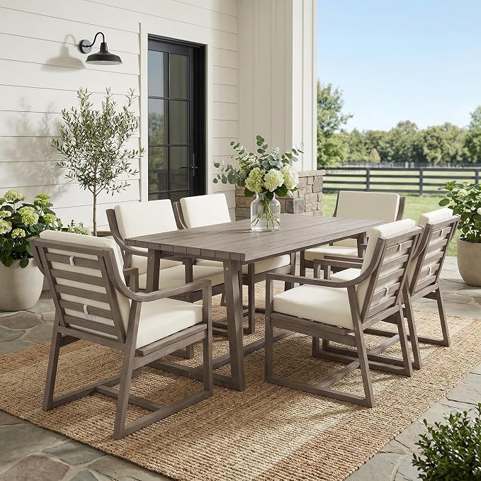 Merax 7-Piece Patio Dining Set, Acacia Wood Rectangular Dining Table and Chairs Set with Cushions, Outdoor Furniture Set for Backyard, Garden, Poolside,Brown