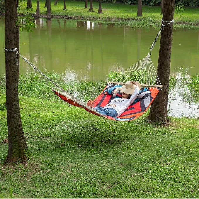 Backyard Expressions Reversible Quilted Hammock - Single or Double Hammock for Outdoor Relaxation with Matching Pillow, Zig Zag