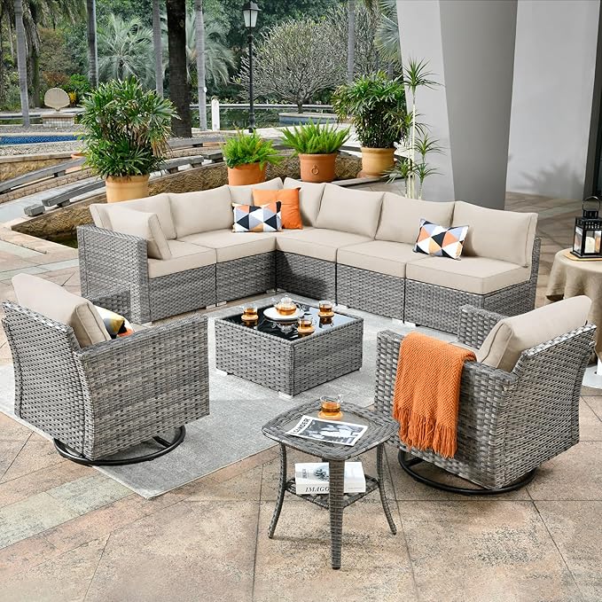 ovios Outdoor 10 Piece Coversation Set with Swivel Rocking Chair,Sectional Patio Furniture Set with All-Weather Wicker Sofa,Modern Outside Couch for Balcony Backyard Pool, Beige