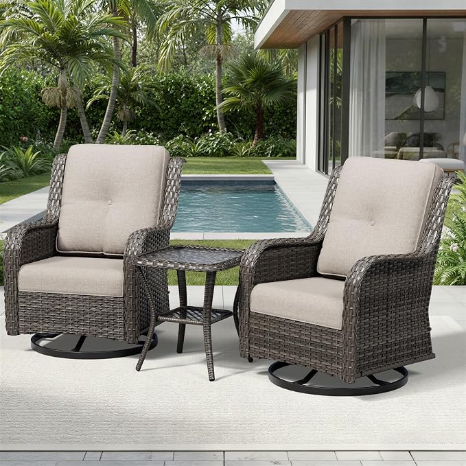Joyside 3 Piece Wicker Patio Furniture Set, Outdoor Swivel Rocker Patio Chairs with High Back, Deep Seating, Wide Armrest, Thickened Cushions, Outdoor Furniture for Deck, Porch Use