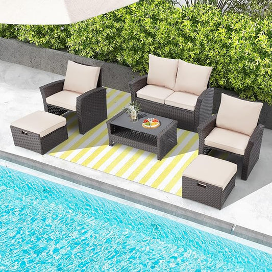 HOMREST 6 Piece Patio Conversation Set, Outdoor Sectional Conversation Rattan Sofa Set with Ottoman and Outdoor Storage Table for Garden, Porch, Backyard (Khaki)