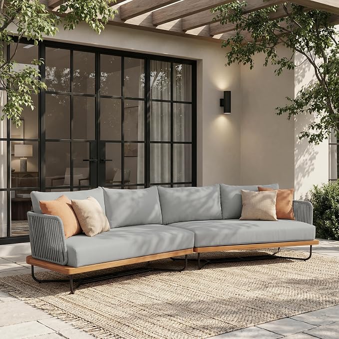 Christopher Knight Home 3-Piece Patio Furniture Set, Acacia Wood Outdoor Sectional Sofa with Rope Woven & Cushions, 4-Seat Sofa, Loveseat and Coffee Table, Outdoor Conversation Set, Light Grey+Teak