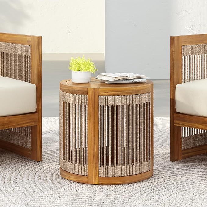 GDFStudio 16.9" Acacia Wood Outdoor Side Table, Patio Accent Table with Handwoven Rope Details, Slatted Design, Boho Minimalist Style, Durable Small Coffee Table for Balcony, Garden, Porch