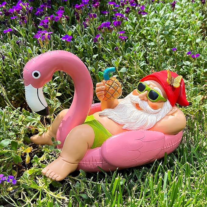 Mood Lab Garden Gnome on Flamingo - Funny Gnome Figurine - 8 Inch Depth Lawn Statue - for Outdoor or House Decor