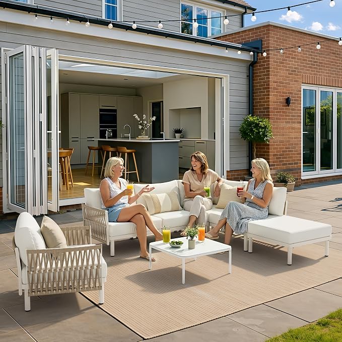 7-Piece Aluminum Modern Outdoor Sectional Sofa with Coffee Table - Weather-Resistant 31" Deep Seating Patio Conversation Set, 5.1" Thick Removable Cushions for Deck, Porch & Backyard, Beige