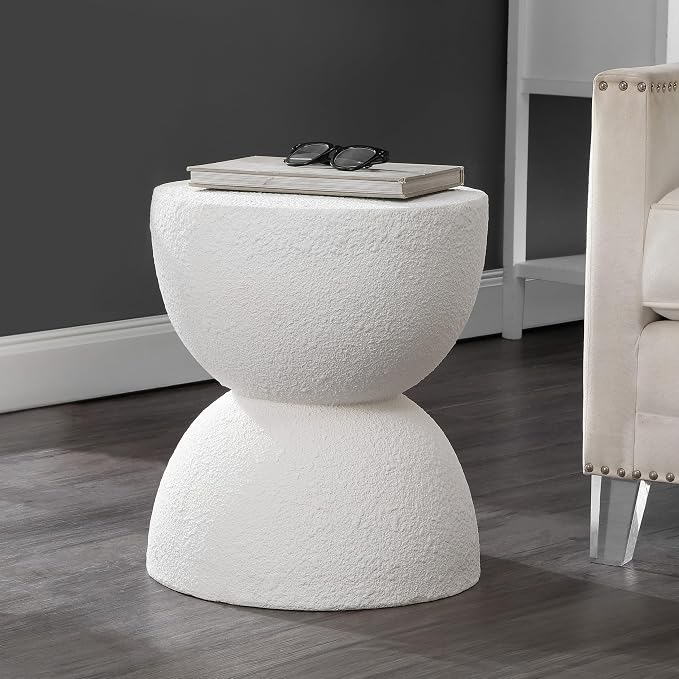 JONATHAN Y Greta Hourglass Outdoor Side Table and Stool, 18" Modern Textured All-Weather Accent End Table for Patio, Deck, or Garden, White Frosted TBL1100A