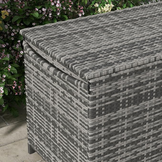 83 Gallon Deck Box, Large Outdoor Storage Chest, PE Wicker Trunk for Outside on Wheels for Tools, Pool Supplies Patio Furniture Cushions, Gray
