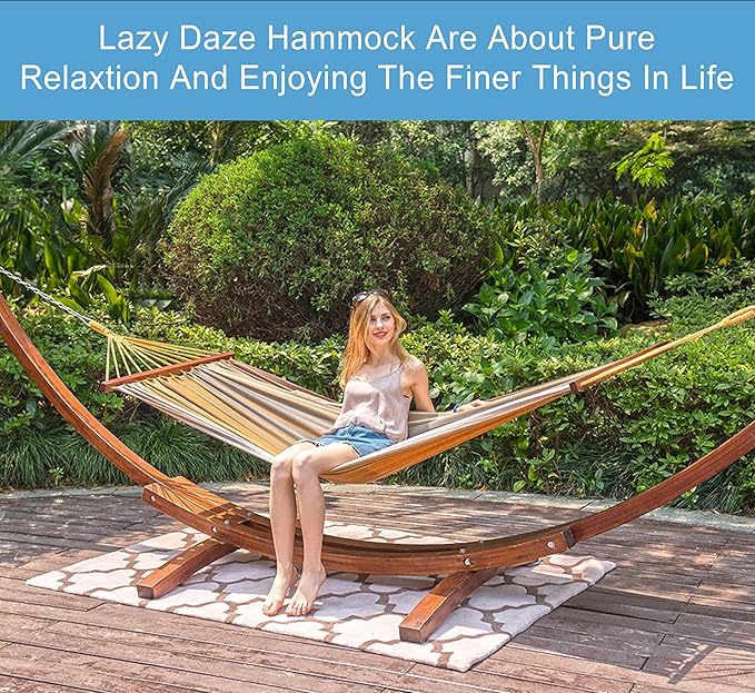 Lazy Daze Hammocks Cotton Fabric Spreader Bar Hammock and 10.5 Ft Wood Arc Hammock Stand Combo, for Indoor, Outdoor, Patio, Garden, Backyard, Khaki and Brown