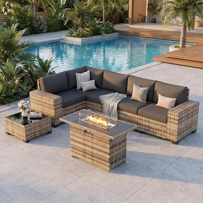 UDPATIO Patio Furniture Set with Fire Pit Table, L-Shaped 8" Armrest Sectional Set, All-Weather PE Rattan Conversation Furniture w ‌Thick Cushions, Coffee Table for Outdoor Backyard Porch Grey