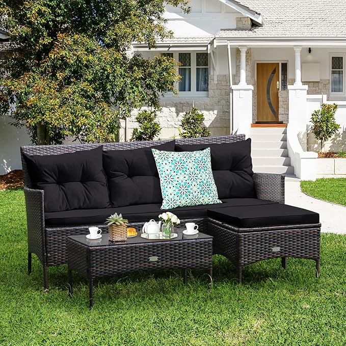 Tangkula 3 Pieces Patio Conversation Set, All Weather Outdoor PE Rattan Wicker Furniture Set with Padded Cushions, Tempered Glass Coffee Table, for Poolside, Backyard, Garden